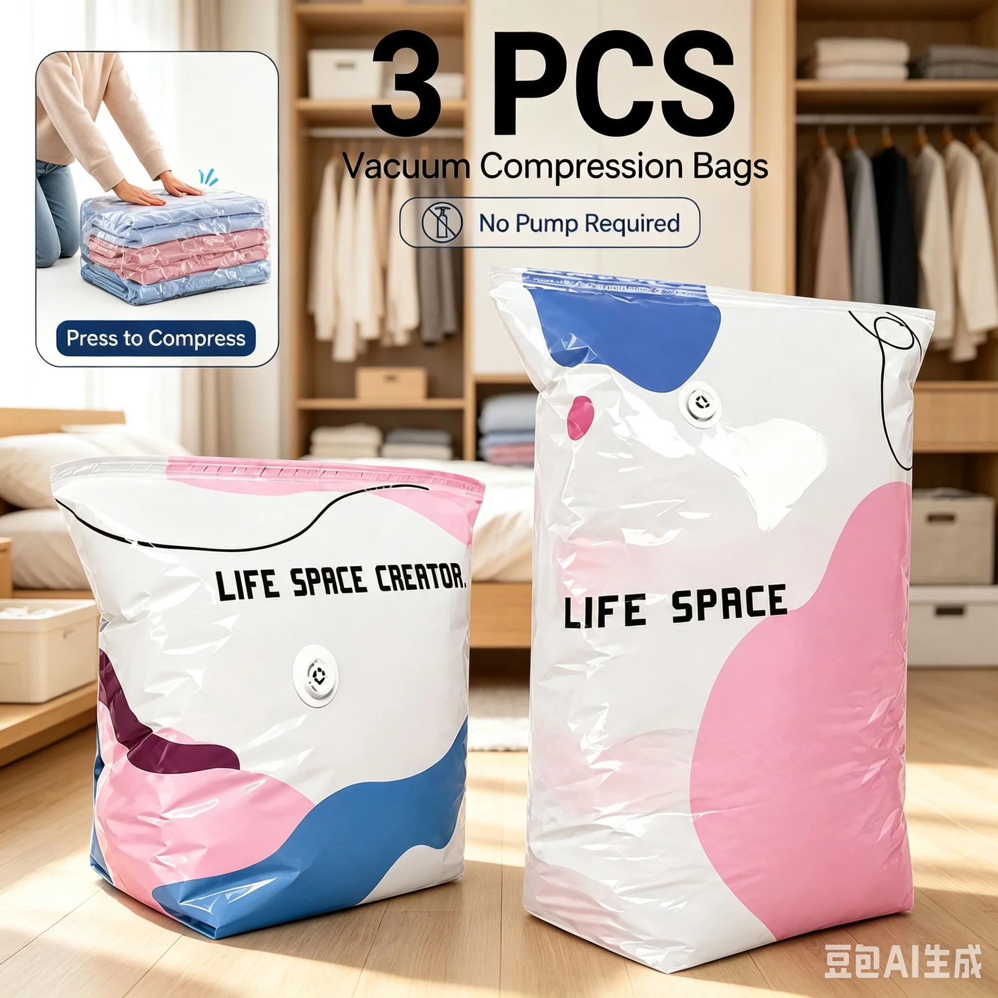 3pcs Self-Press Vacuum Compression Storage Bags, Pump Free Space Saving Seal Bags for Clothing Quilt Blanket Wardrobe Organizer