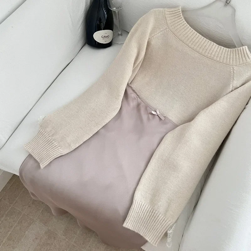 Lightweight and Attractive Force Wool Mohair Oat Lace Knitted Sweater + Satin Skirt