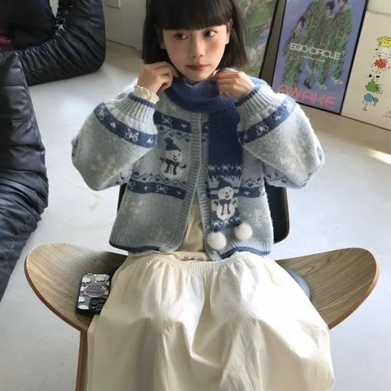 2025 Fair Isle Sweter Natal Kardigan Manusia Salju Mantel Rajut Atasan Baru Malas untuk Wanita Mungil Mode Musim Gugur Musim Dingin