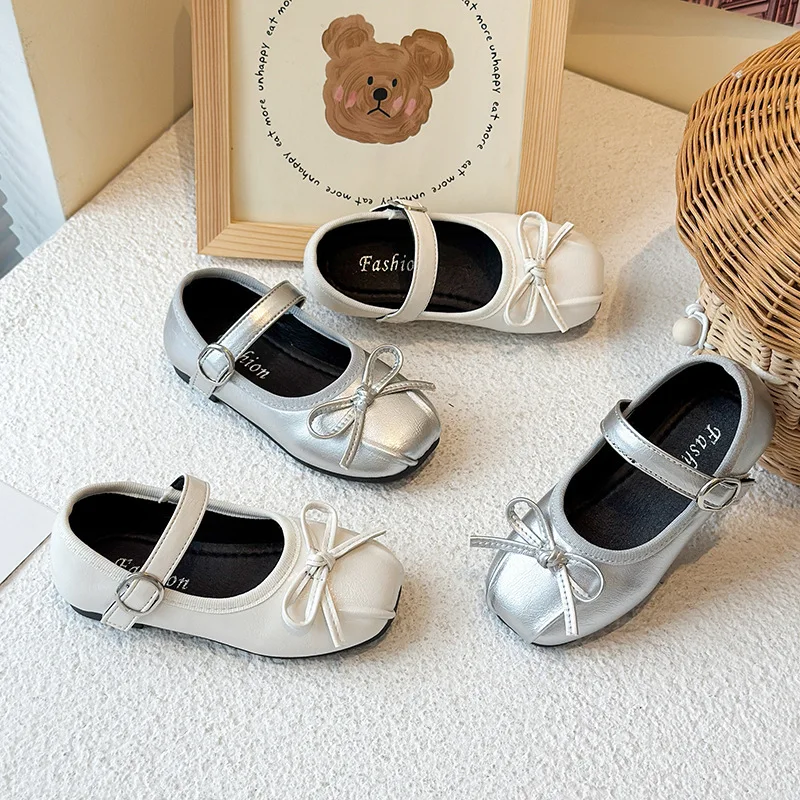 

Girls Bow Princess Shoes Silver Baby Soft Spring Autumn Baby Toddler Flats Children PU Leather Shoes Kids School Student Loafer