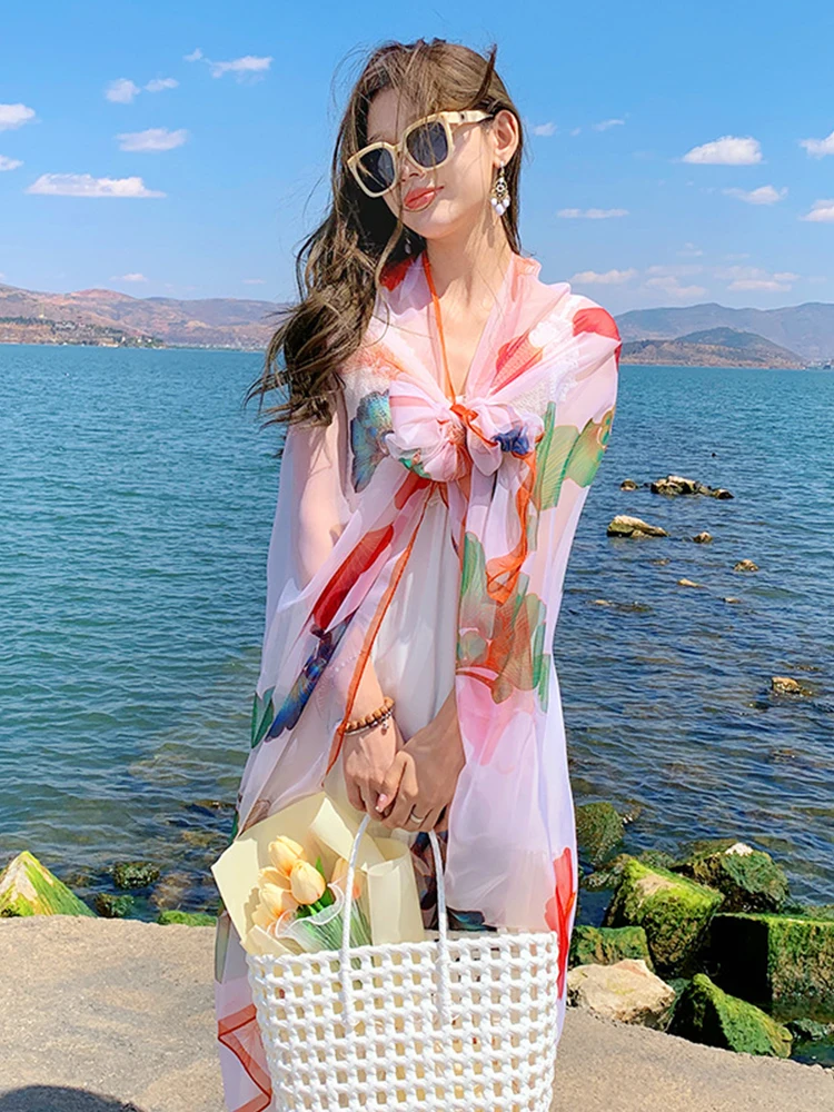 Summer Chiffon Hijab Women Bikini Cover Up Silk Scarf Print Mujer Shawl Bandana Sarong Beach Wrap Scarve Pareo Bufanda Stoles