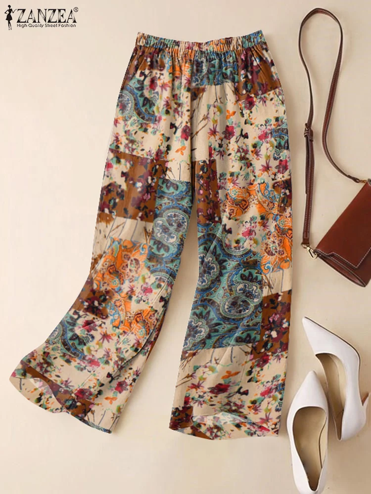 

2025 ZANZEA Summer Printed Trousers Women Bohemian Loose Pantalon Vintage Casual Elastic Waist Baggy Holiday Work Pants Oversize