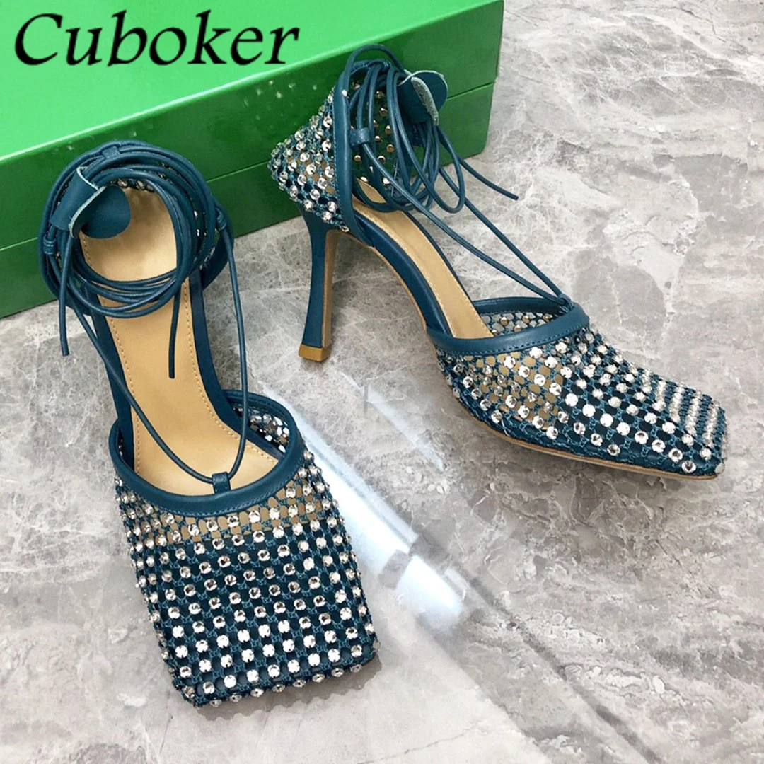 2022 New Brand Runway Women High Heel Net Mesh Crystal Sandals Ankle Strap Pumps Square Toe Summer Party Dress Women Shoes mujer