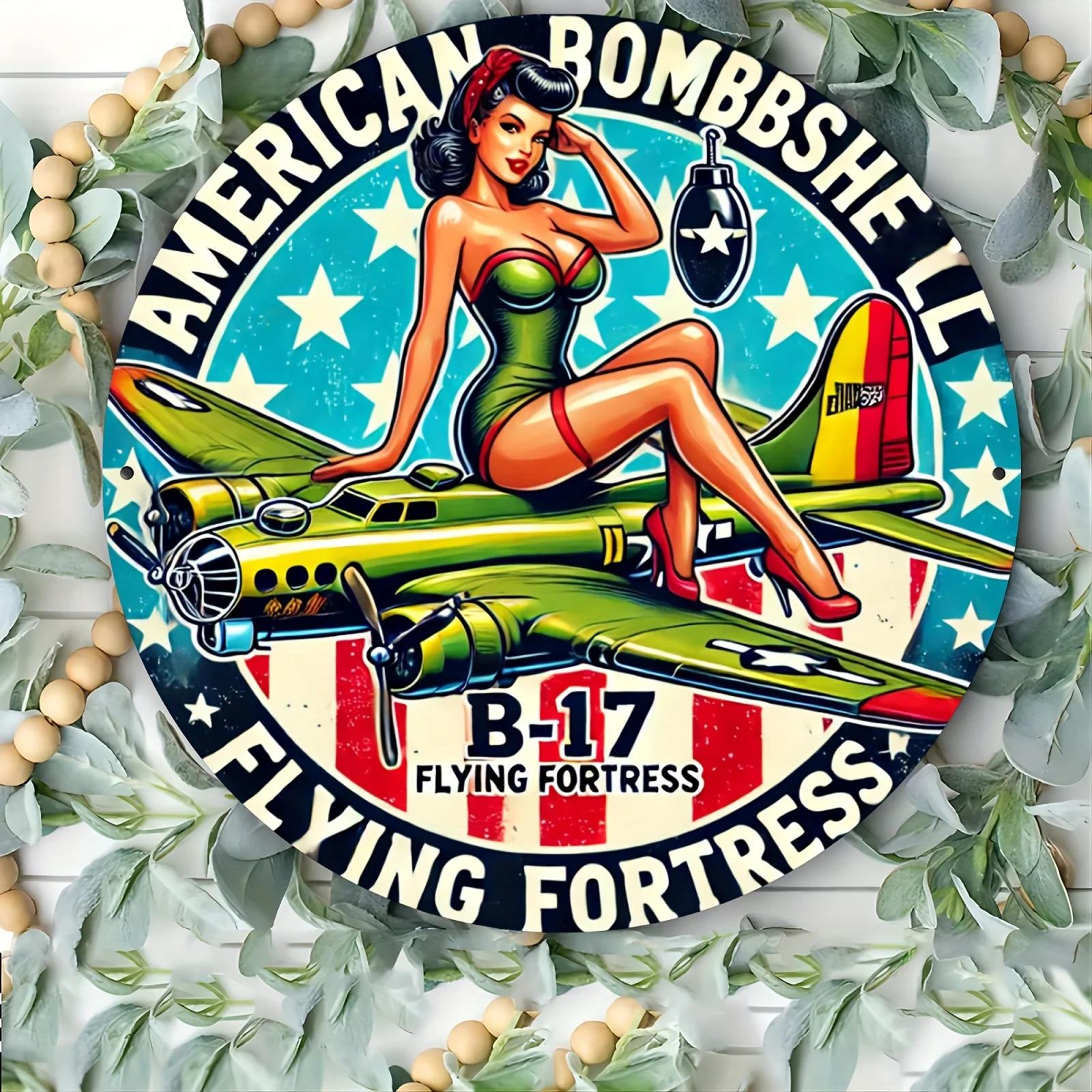 لافتة ألومنيوم دائرية كلاسيكية B-17 Flying Fortress - 20.32x20.32 سم ديكور حائط قديم مع تصميم العلم الأمريكي، متينة وE