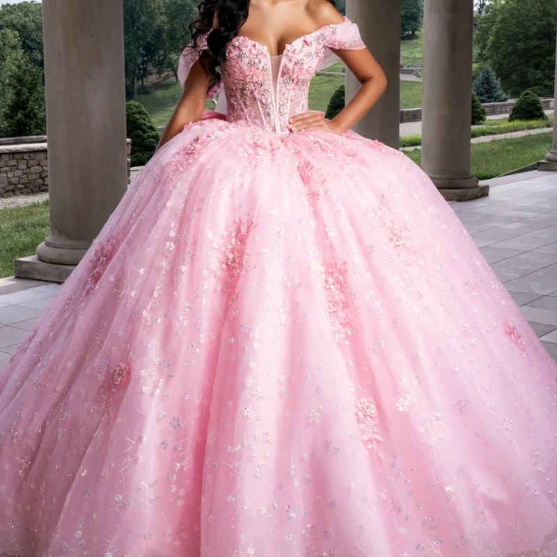 

Pink Shiny Ball Gown Quinceanera Dresses Off the Shoulder Sequin Applique Beads Tull Party Birthday Sweet 16 Dress Vestidos 15