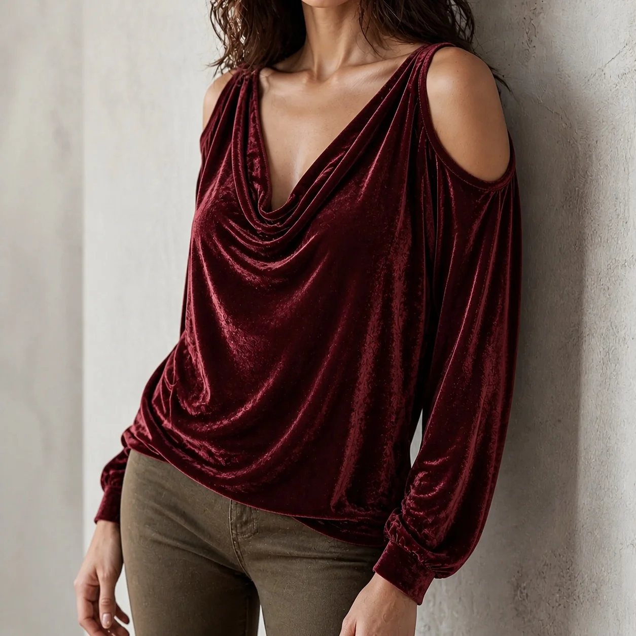Women's Loose Fit Knit Cropped Off-Shoulder Blouse with Cowl Neck Solid Color Velvet Women's Sleeved T-Shirt Style Top Draped