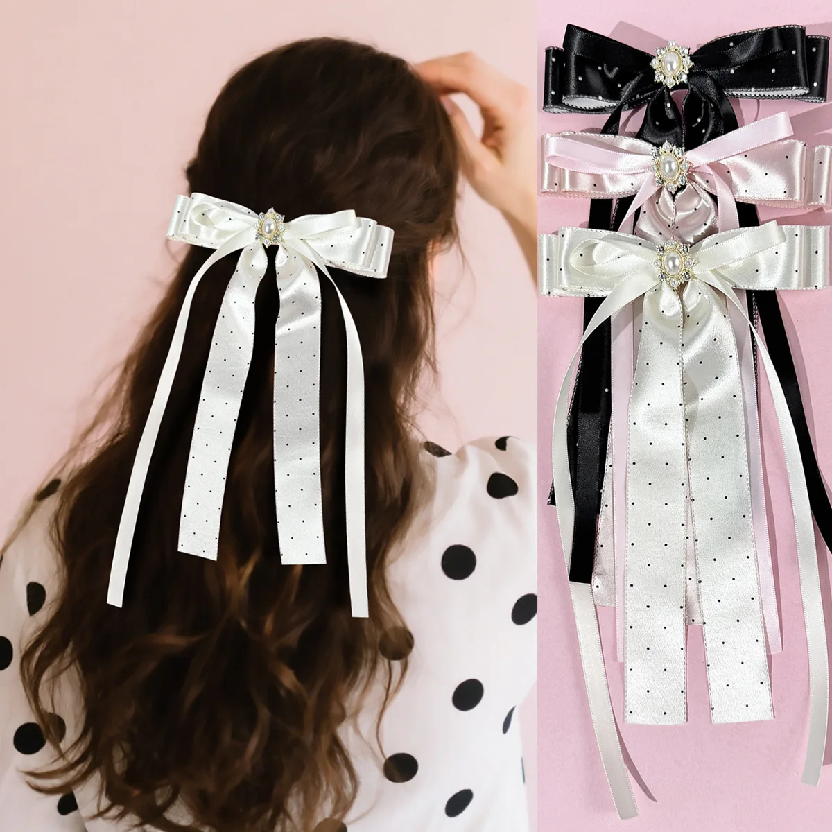 24PCs Long Tassel Satin Ribbon Bow Hair Clips Dot Spot Prints Barrettes with Rhinestone Pearl, Headwear for Girls and Women Bulk