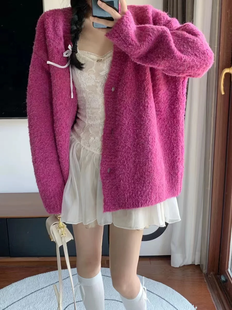 

Dragon Fruit Color Soft Cozy Women's Open Cardigan Sweater Loose Lazy High-End Sensation White Knitted Top for Autumn Winter