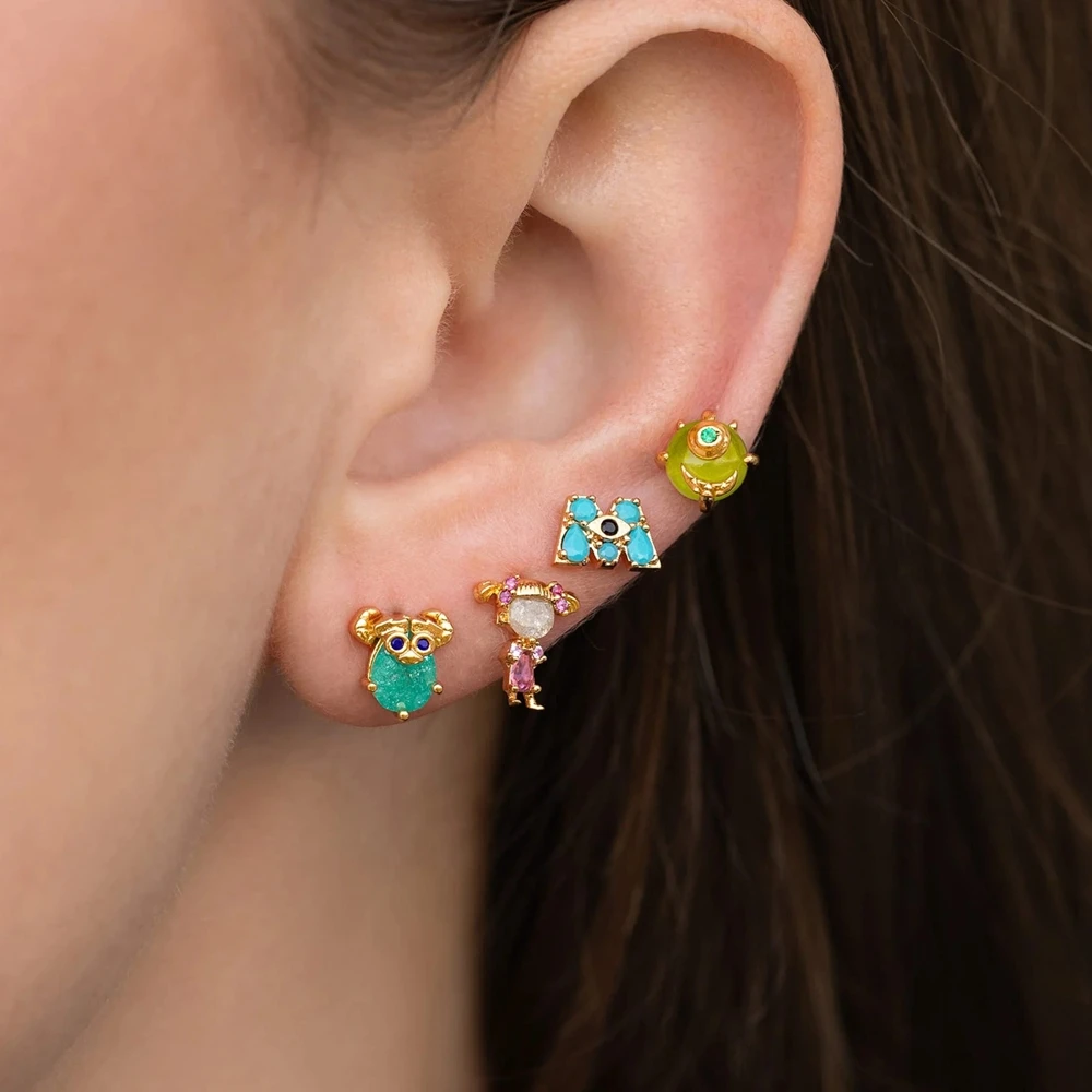 MIGGA 4pcs Cubic Zircon Monster Cartoon Stud Earrings Set Gold Plated CZ Crystal Women Girls Gift Jewelry