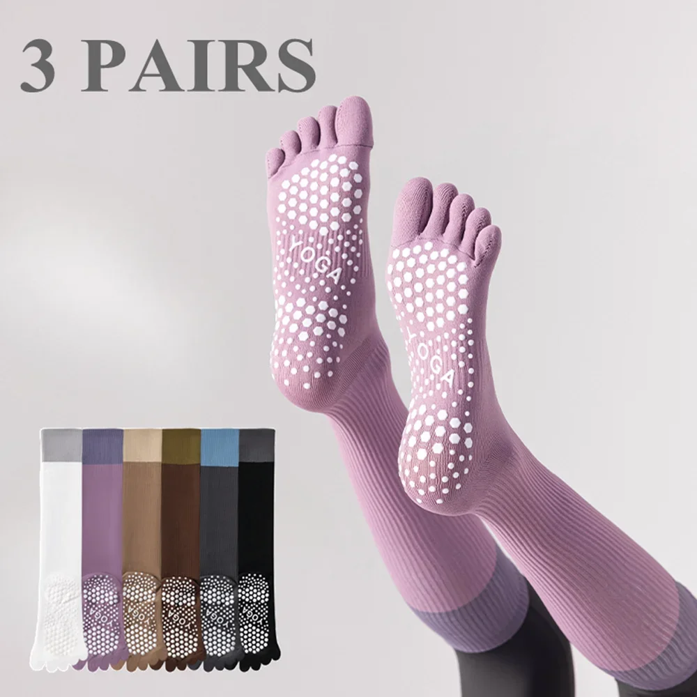 3 Pairs Compression Socks Women Long Calf Yoga Pilates Socks with Grip High Quality Non-slip Sports Floor Socks