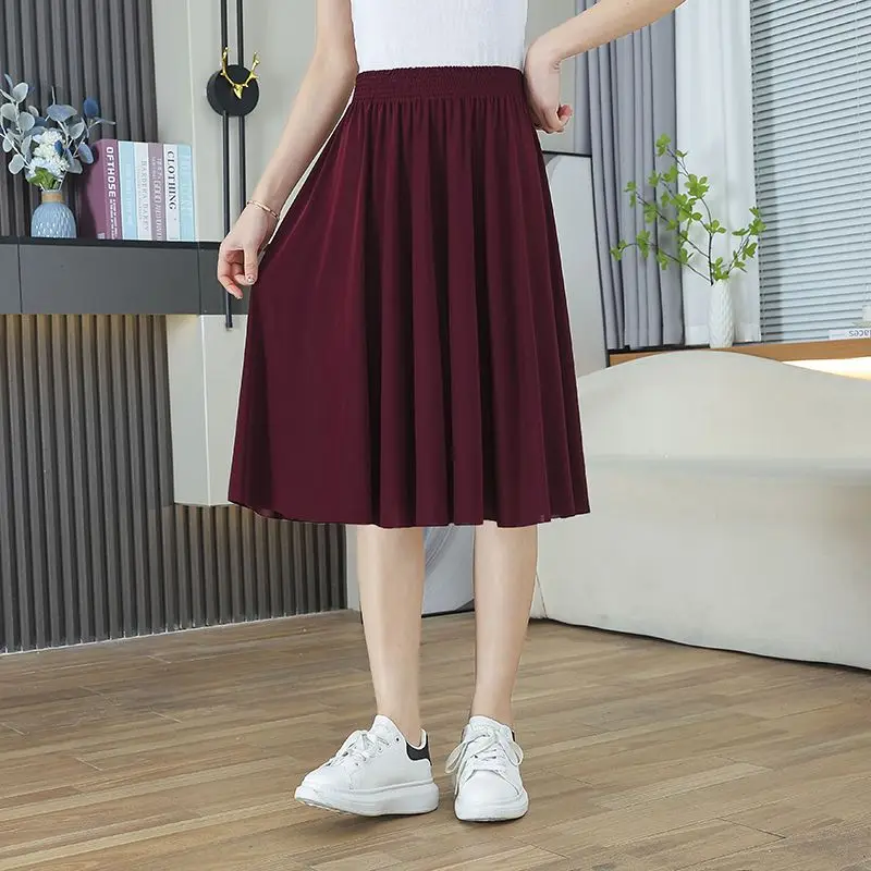 Women's Casual High Waist Midi Skirt Solid Wine Red Flowy Pleated A-Line Skirt For Daily Wear