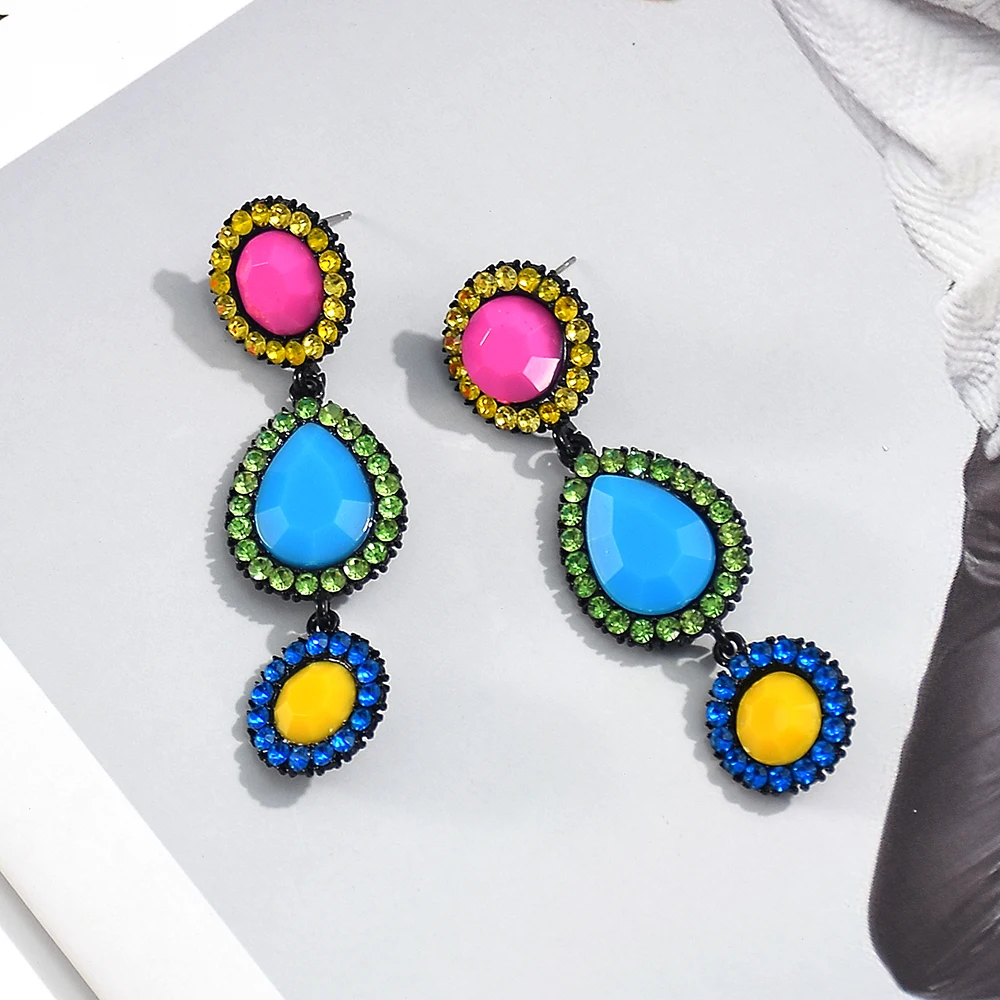 New Design Long Metal Colorful Crystal Dangle Drop Earrings High-Quality Fashion Pendant Jewelry Accessories For Women