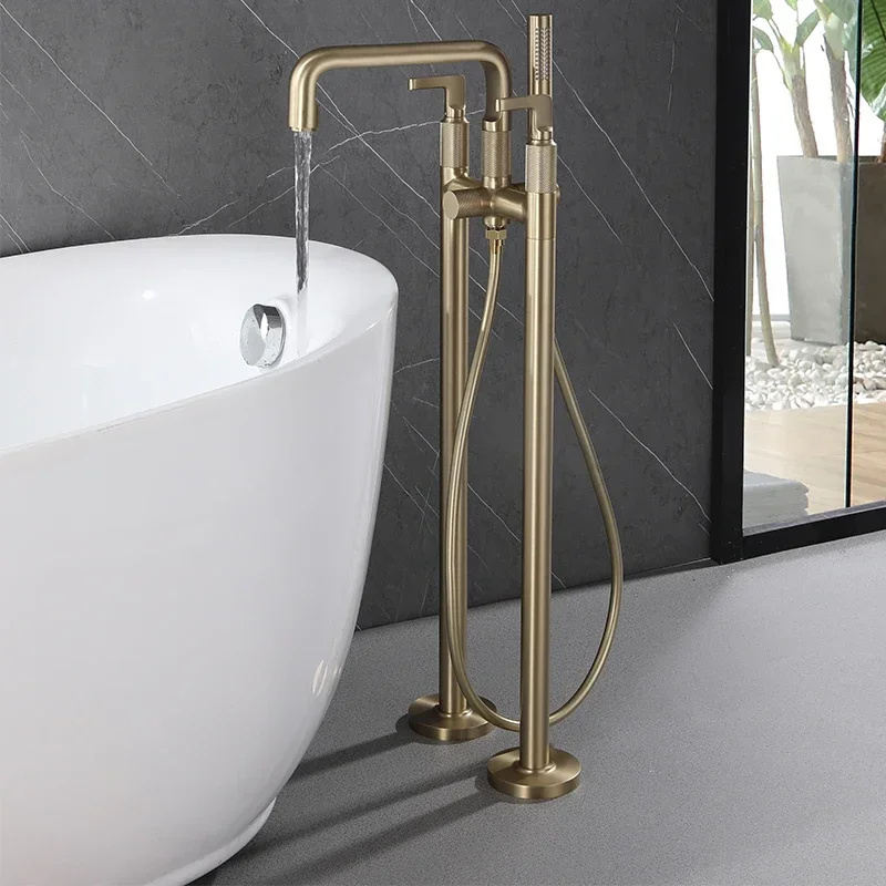 

brushed gold bathtub shower faucet freestanding 3 handle bath tub rainfall copper hotel bathroom