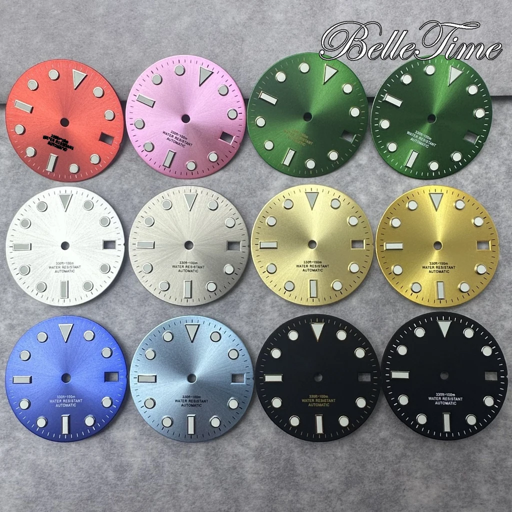 28.5mm Dial Watch Silver Gold Red Green Black Blue Grey Date Window Luminous  Dial Fit NH35 /NH36/4R/7S Automatic Movement