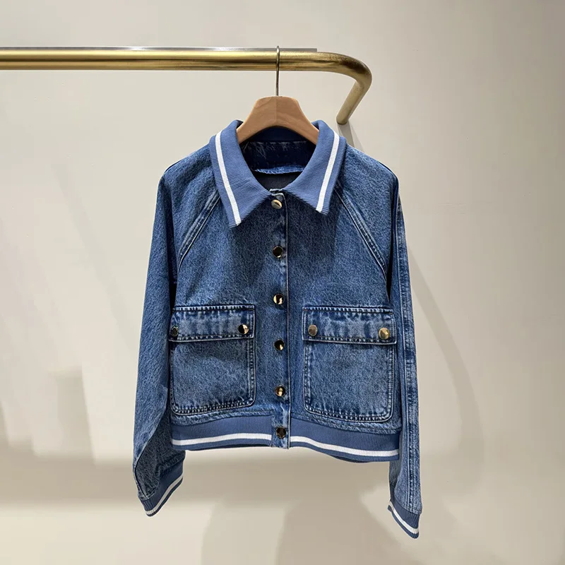 Spring 2026 Early Season Denim Blazer with Drop-Shoulder Single-Button and Patched Collar jacket