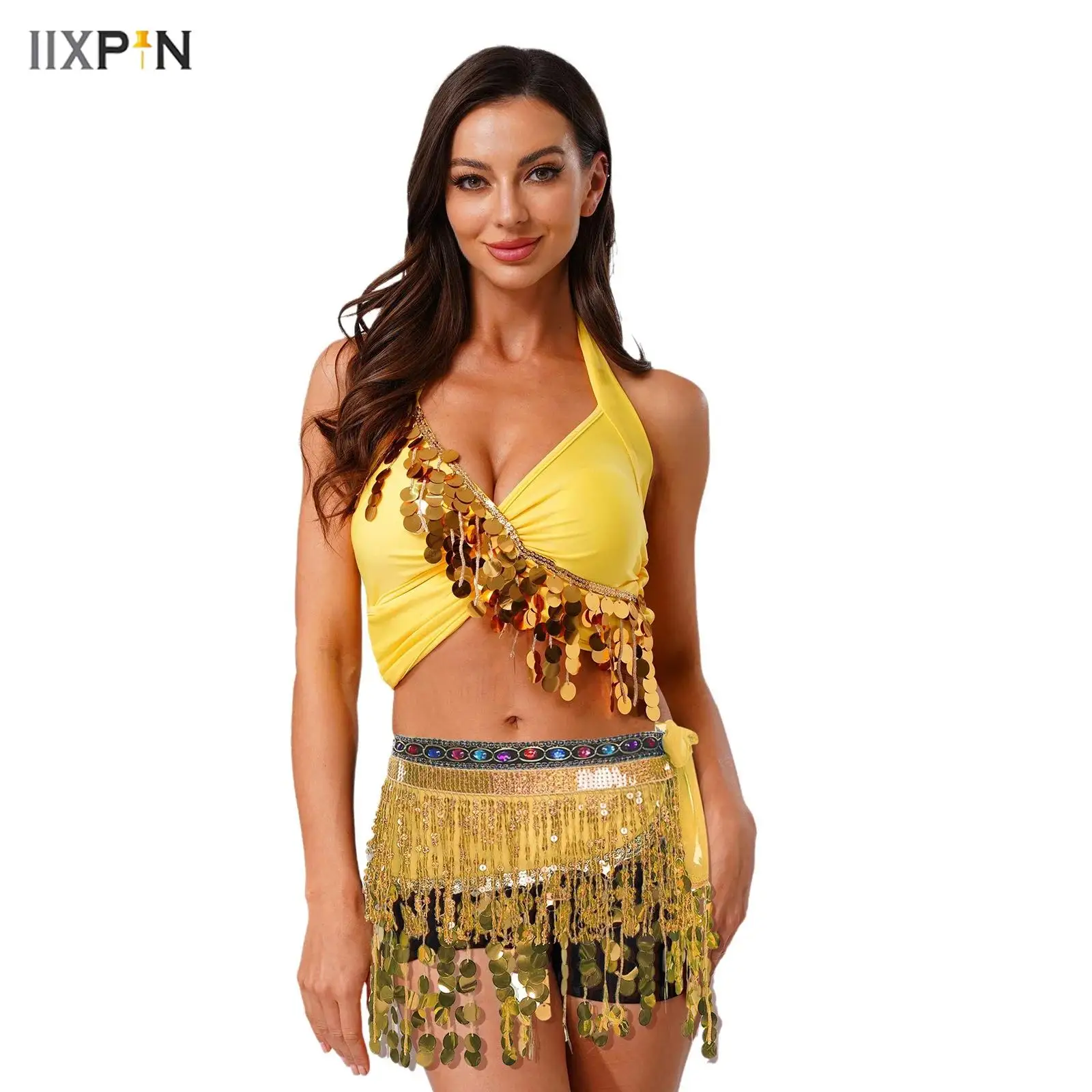 

Women's Glittery Sequin Tassel Belly Dance Outfit V Neck Chest Pad Crop Tops Rhinestone Lace-up Hip Scarf for Latin India Dance