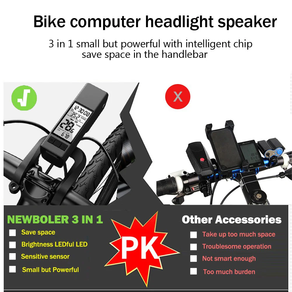 NEWBOLER 3 in 1 Bike Light Bicycle Computer Flashlight LED Bike Front Light Cycling Horn Waterproof USB Headlight Riding Lamp