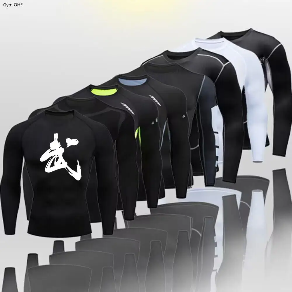 WU Men Compression Running t-shirt Fitness stretto manica lunga Sport t-shirt Training Jogging camicie palestra abbigliamento sportivo Quick Dry