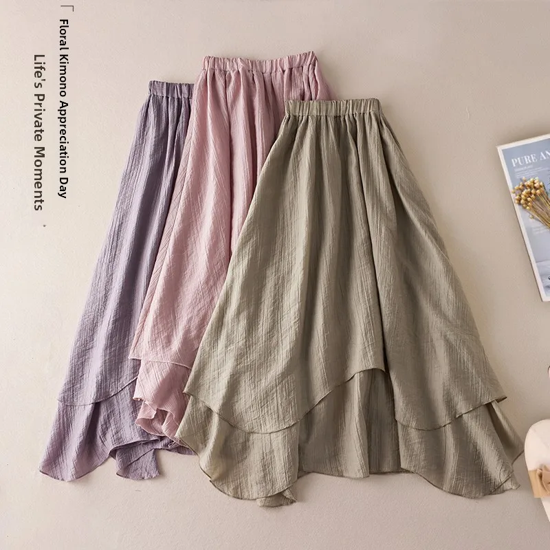 

Новая летняя нежная текстурированная юбка трапециевидной формы с высокой талией, тонкая однотонная юбка-зонтик, свободная длинная юбка из хлопка и льна