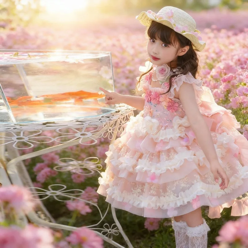 

Girls Summer Lolita Cute Princess Dress Super Fairy Flower Birthday Flower Dress Children's High Street Sweet Party Dress