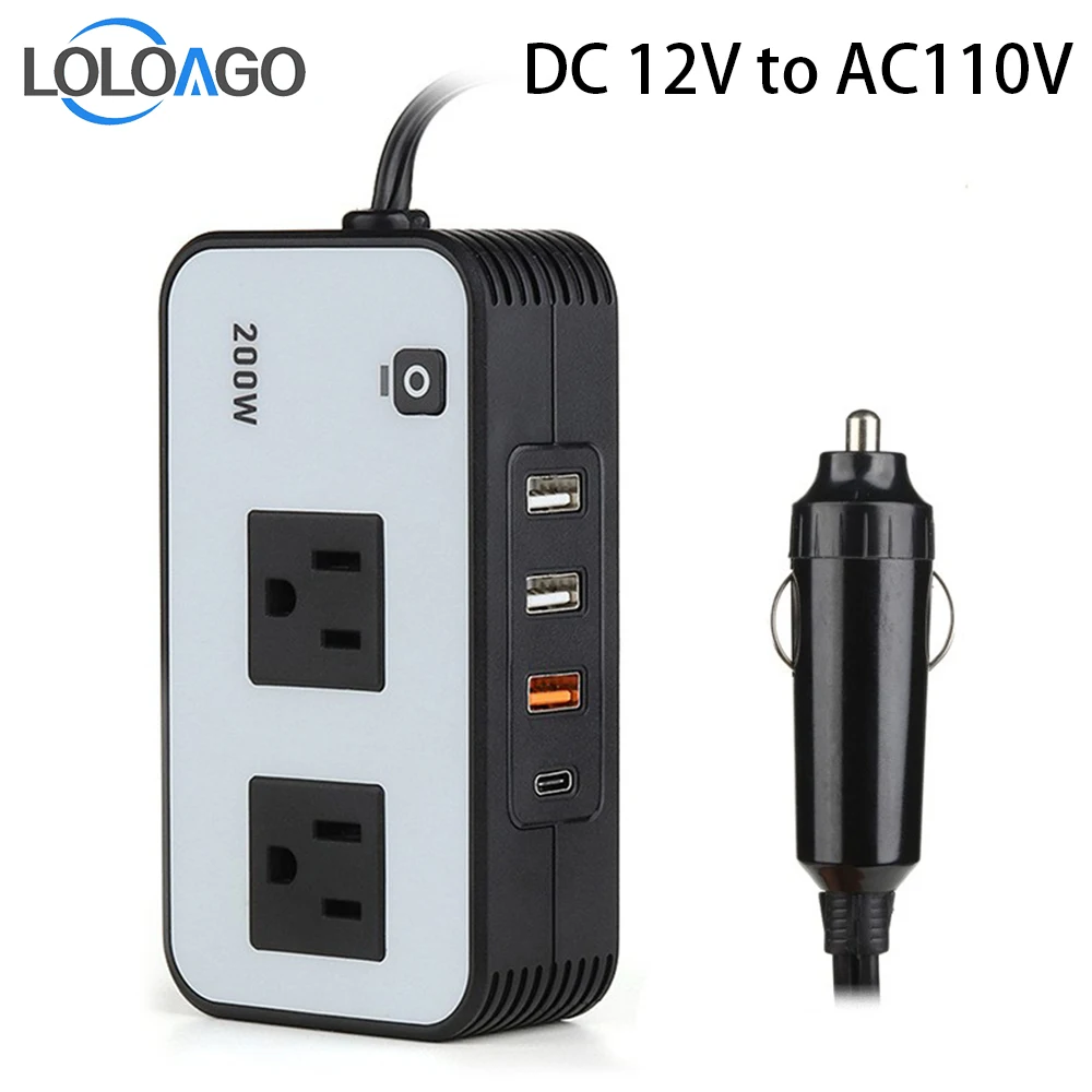 Car Inverter DC 12V to AC 110V 200W Auto Converter Type-C USB Fast Charging Car Inverter Charger Adapter Car Power Inverter