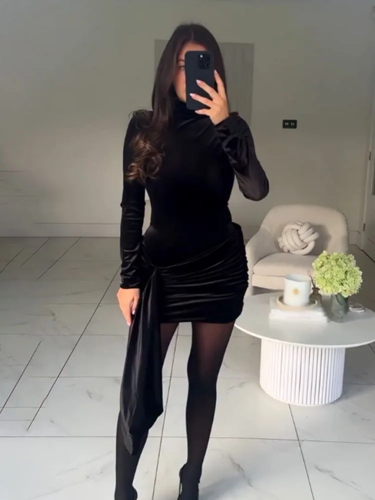 HH Women Autumn Sexy Slim Velvet Dresses Black Half High Collar Belt Decoration Zipper Women's Fashion Long Sleeves Mini Dress