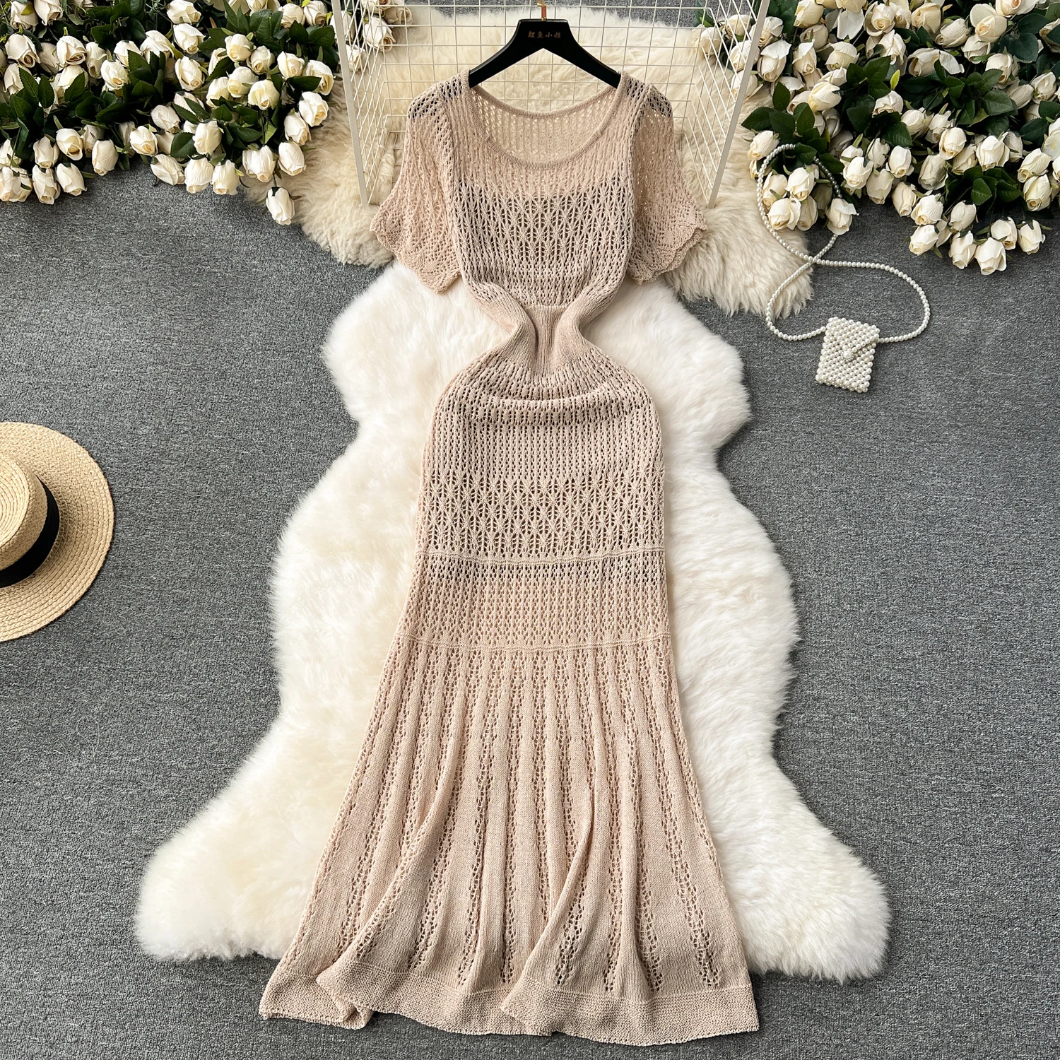 Sexy Chic sweet knit O-Neck cut out short sleeve Dress vintage Elegant Korean Fashion Party Basic Slim Summer sukienki o kroju syreny