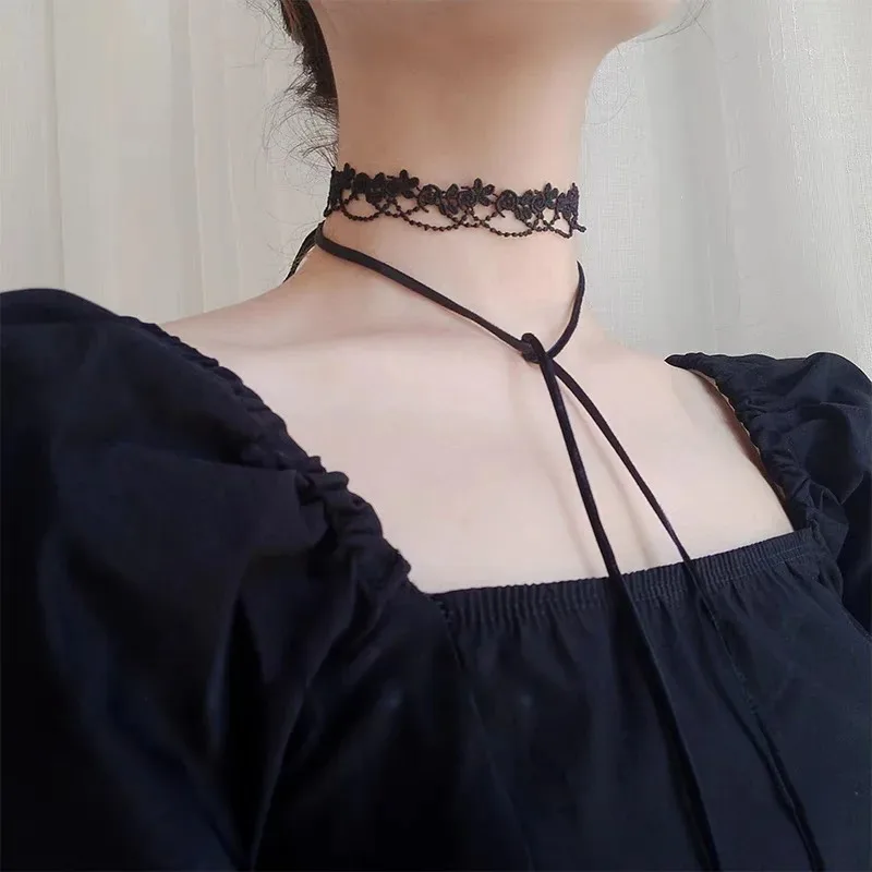 Punk Harajuku Sexy Personality Trend Simple Fashion Fresh Flower Black Lace Alloy Necklace Clavicle chain