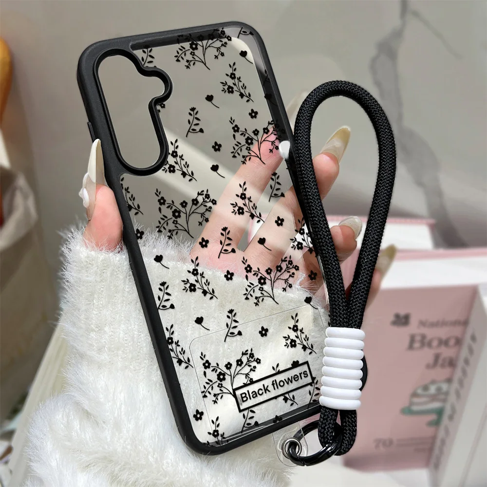 Flower Lanyard Phone Case For Samsung S26 Ultra S25 FE A57 A37 A56 5G A16 A17 A55 A26 A07 A15 S24 S23 Transparent Acrylic Cover