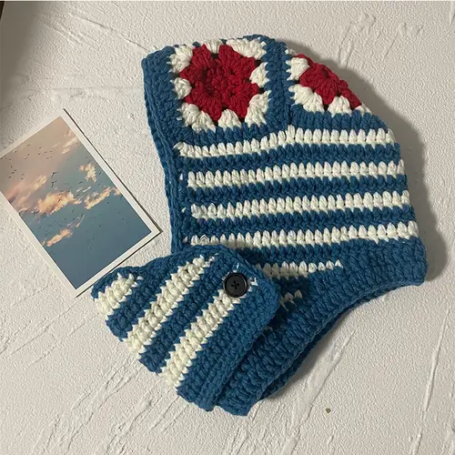 INS Korea Autumn Winter Flower Striped Y2K Balaclava Thief Hats For Women Men Mask One-piece Knitted Beanie Caps Gorras - Image 8