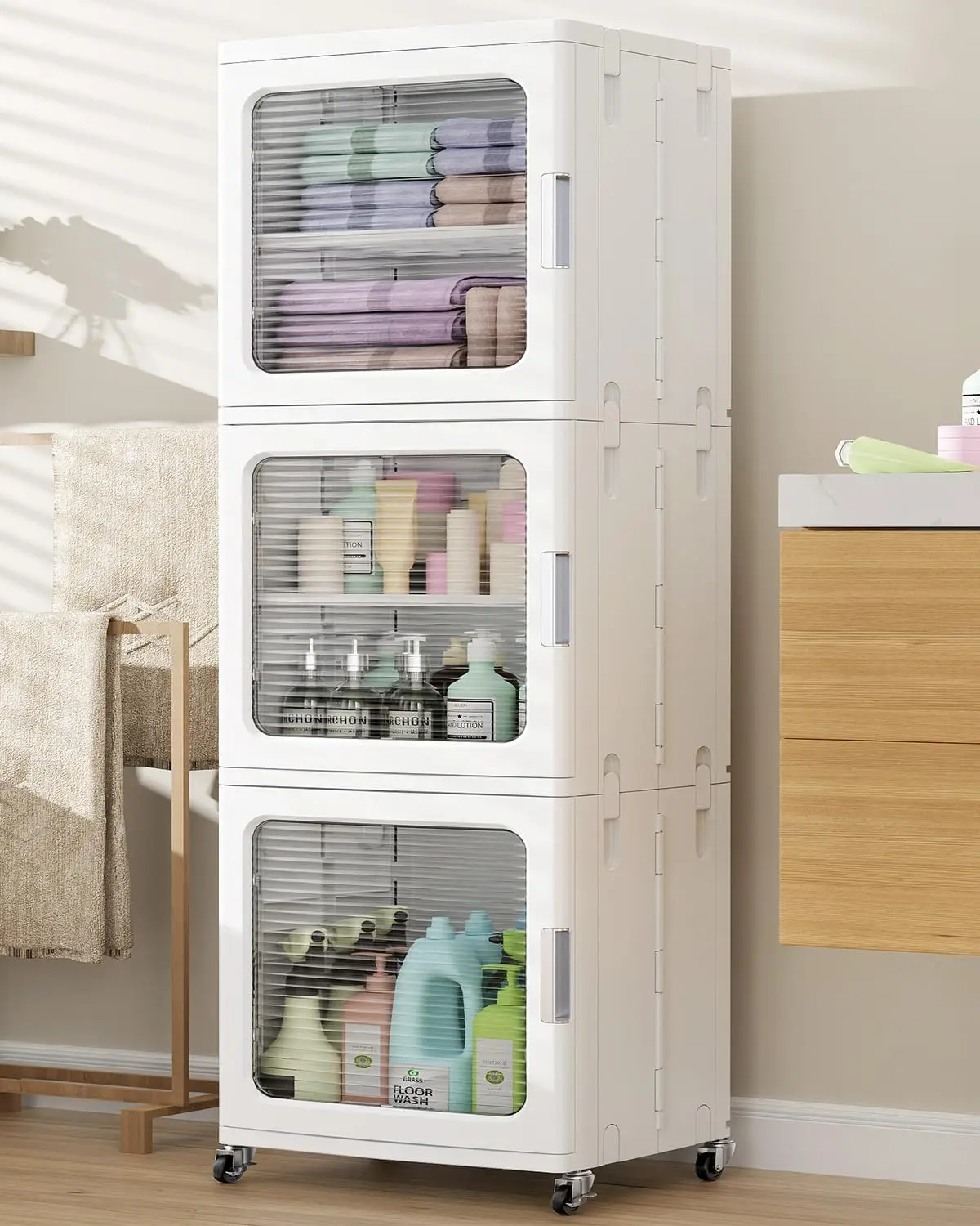 Tall Narrow Storage Cabinet, Slim Floor Standing Organizer Rack Unit, Bathroom Kitchen Laundry Living Room, Multi Layer Adjustable Shelves Enclosed Doors Handle, Modern Minimalist Style, White, 1 Piece