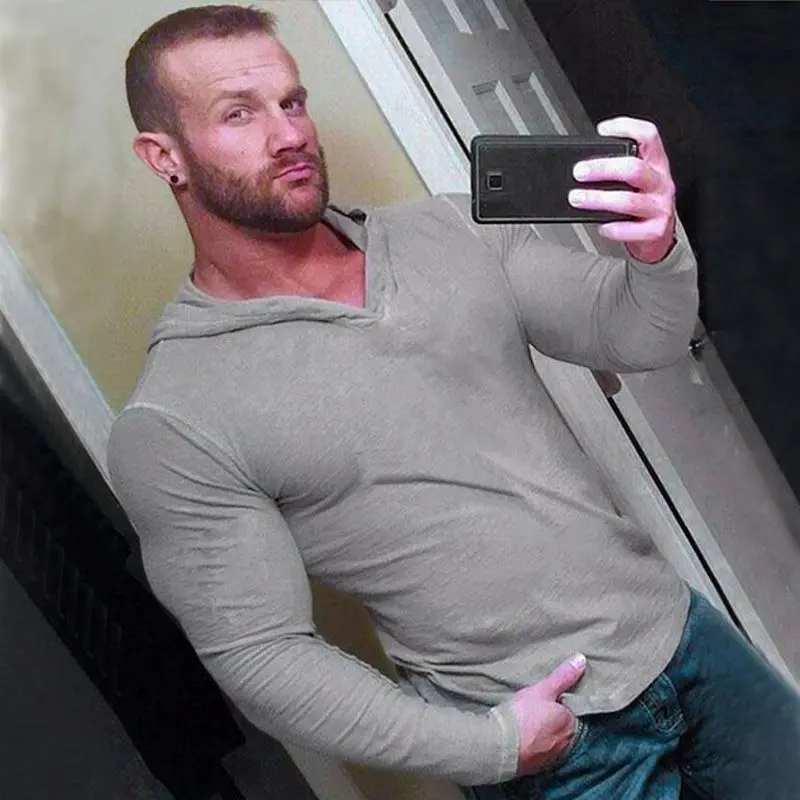 Blockbuster New Solid-color Hooded Top Middle-aged Men's Elastic Sports Gray Long-sleeved Crew Neck Running Sweater T Shirt
