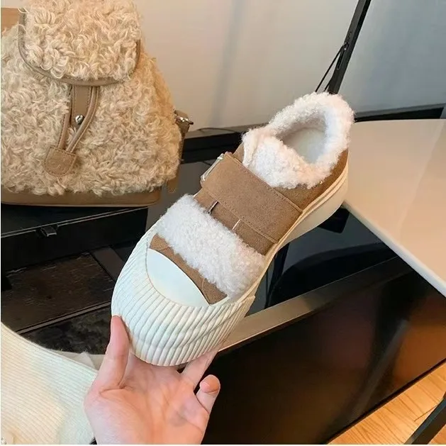 

Women's Winter Boots Luxury Cow Suede Wool Fluffy Snow Boots Genuine Leather Design Hook&loop Thick Soled Casual Board Shoes