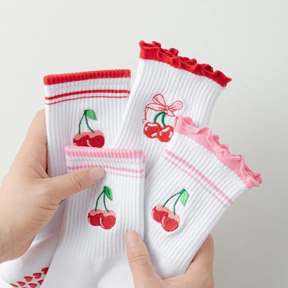 

2pairs Heart Silicone Sock Sole Women Yoga Socks Embroidery Breathable Pilates Socks Cherry Pattern Soft Non-Slip Socks