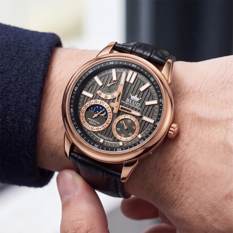 Luxurious Men's Automatic Mechanical Watch, Leather Strap, Elegant Multi-Hand Dial, Moon Phase Display + Power Reserve Indicator, Luminous Hands, Water-Resistant for Everyday Use, Stylish Business Casual Formal Men's W