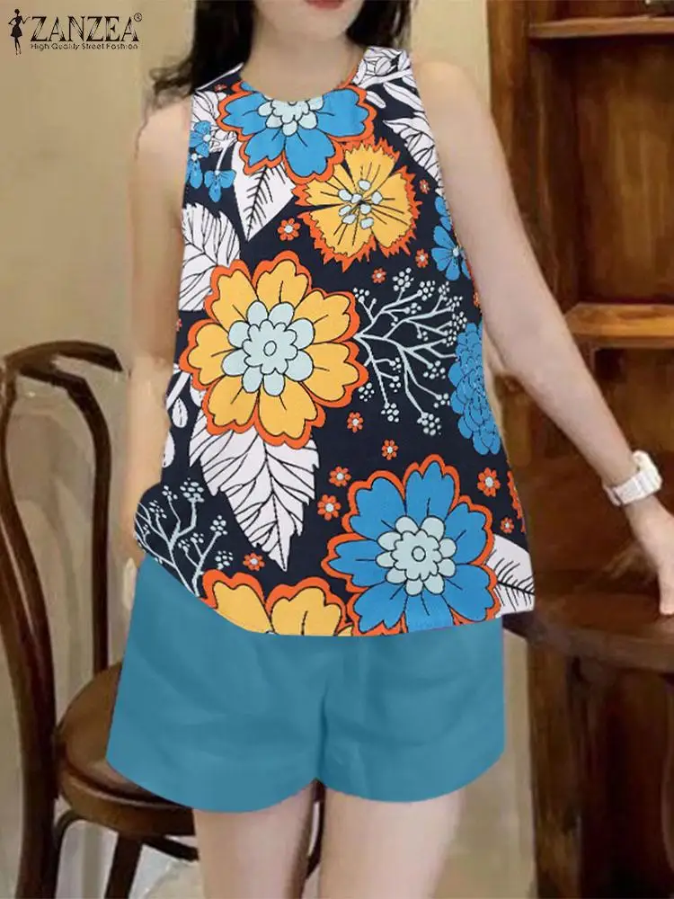 

ZANZEA Loose Solid Shorts 2pcs Outfit Floral Print Sleeveless Top Daily Casual Holiday 2-Piece Sets Women Summer 2024 Short Sets