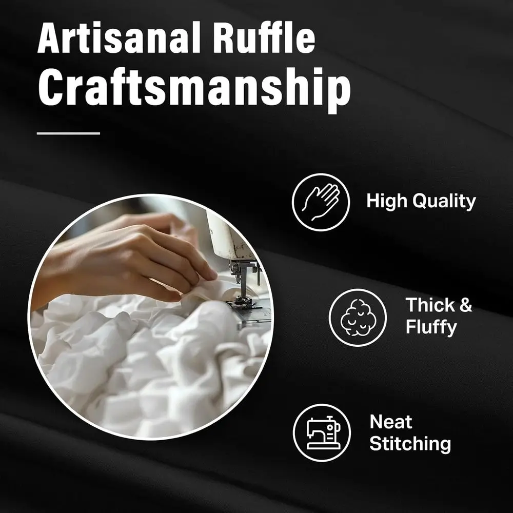 ستارة دش المزرعة السوداء مقاس 72 × 72 بوصة مع 12 خطافًا، ونمط منقوش باللونين الأبيض والأسود وأزرار وكشكشة