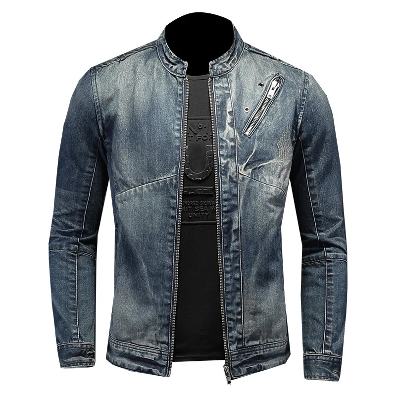 

2025 Spring Autumn Denim Jackets Men's Zipper Vintage Fashion Slim Fits Motocycle Denim Top Long Sleeves Stand Collar Men Coats