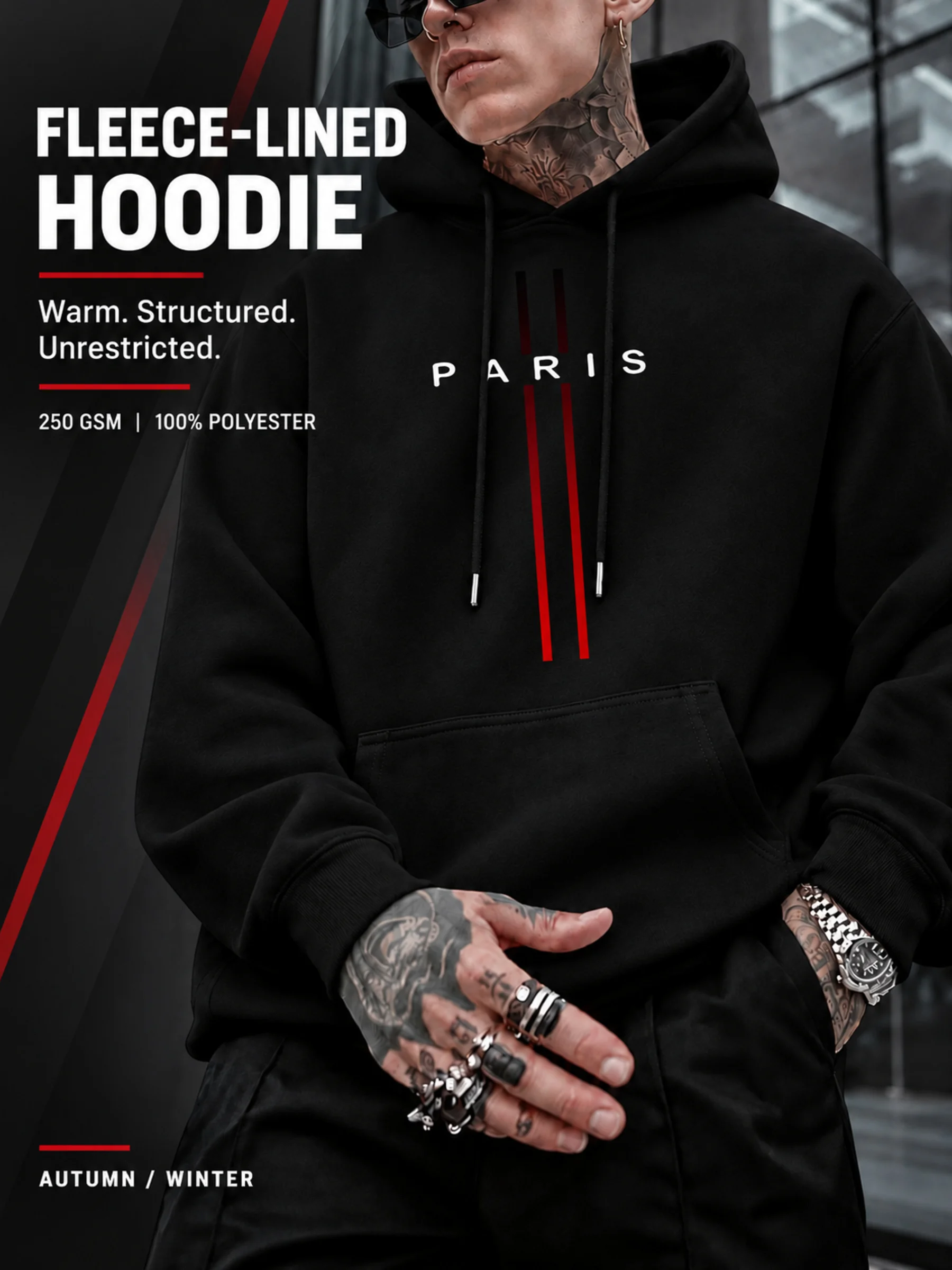 Men's Hoodie, Winter Sale, Paris Text Print, Pullover Sweatshirt, Streetwear Style, Casual Outdoor Wear, Red Stripe Detail