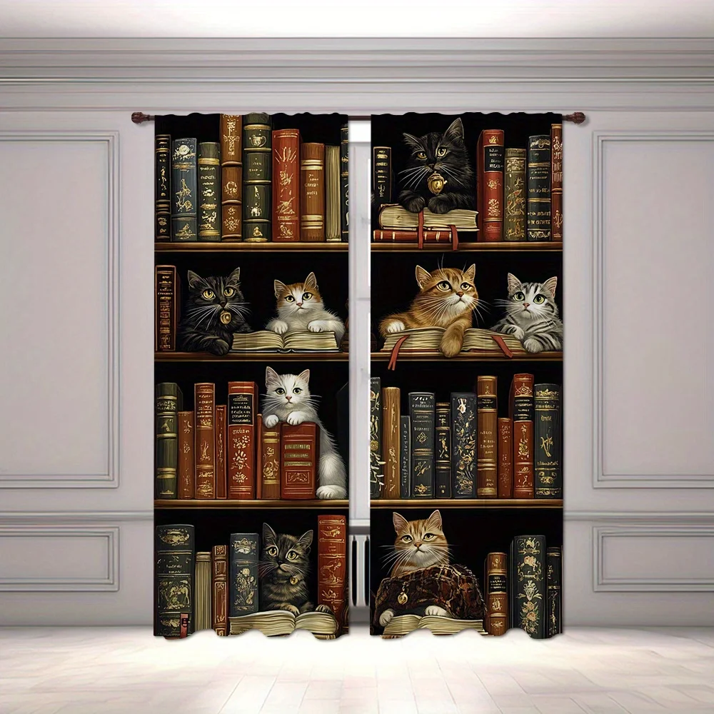 Book Cat Curtains Decorative Curtains for Living Room Window Panels Literary Bookstore Aesthetic Curtains Pair Nursery Napkin