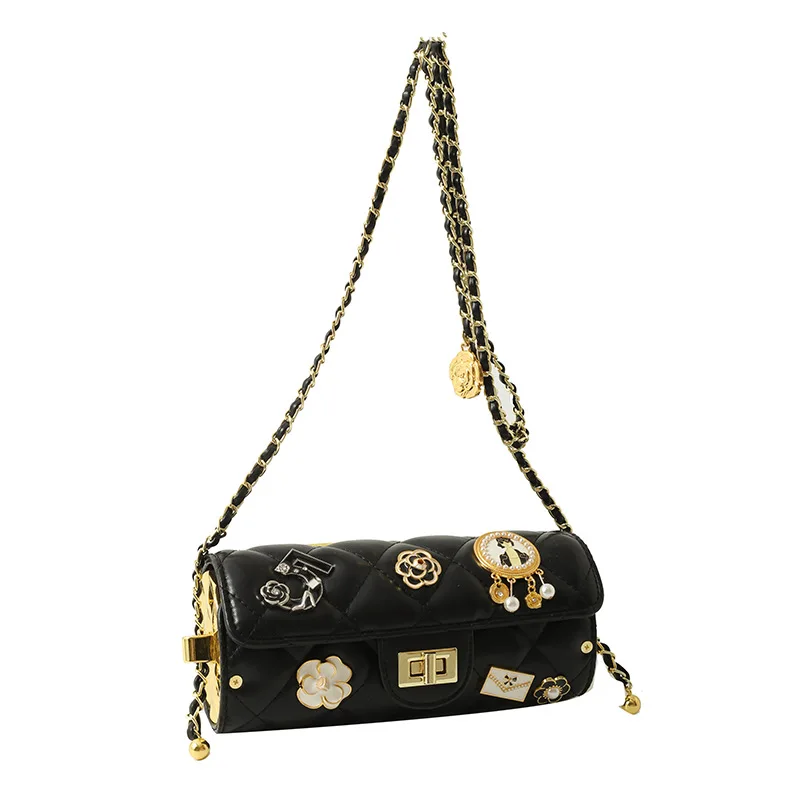 

2025 New Women Bag Stylish Decorative Charm Cylindrical Crossbody Shoulder Bag Quilted Chain Multiple Colors Trendy Lightweight