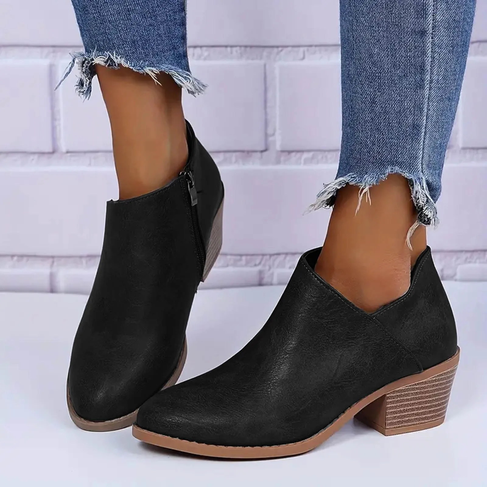 Fashion Ankle Boots For Women Dressy Wide Width Pointed Toe Chunky Heel Booties Casual Leather Botas Mujer 2024 Tendencia