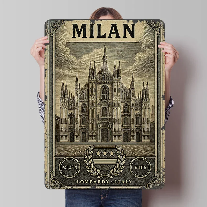Milan Cathedral Vintage Travel Tinplate Poster Customized Wall Art Vintage Retro Metal Signs for Aesthetic Room Decor Men Home