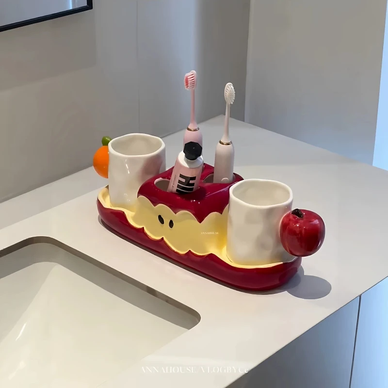 

LTT Red Apple Teeth Brushing Cup Shelf Bathroom Toilet Countertop Ceramic Storage Rack