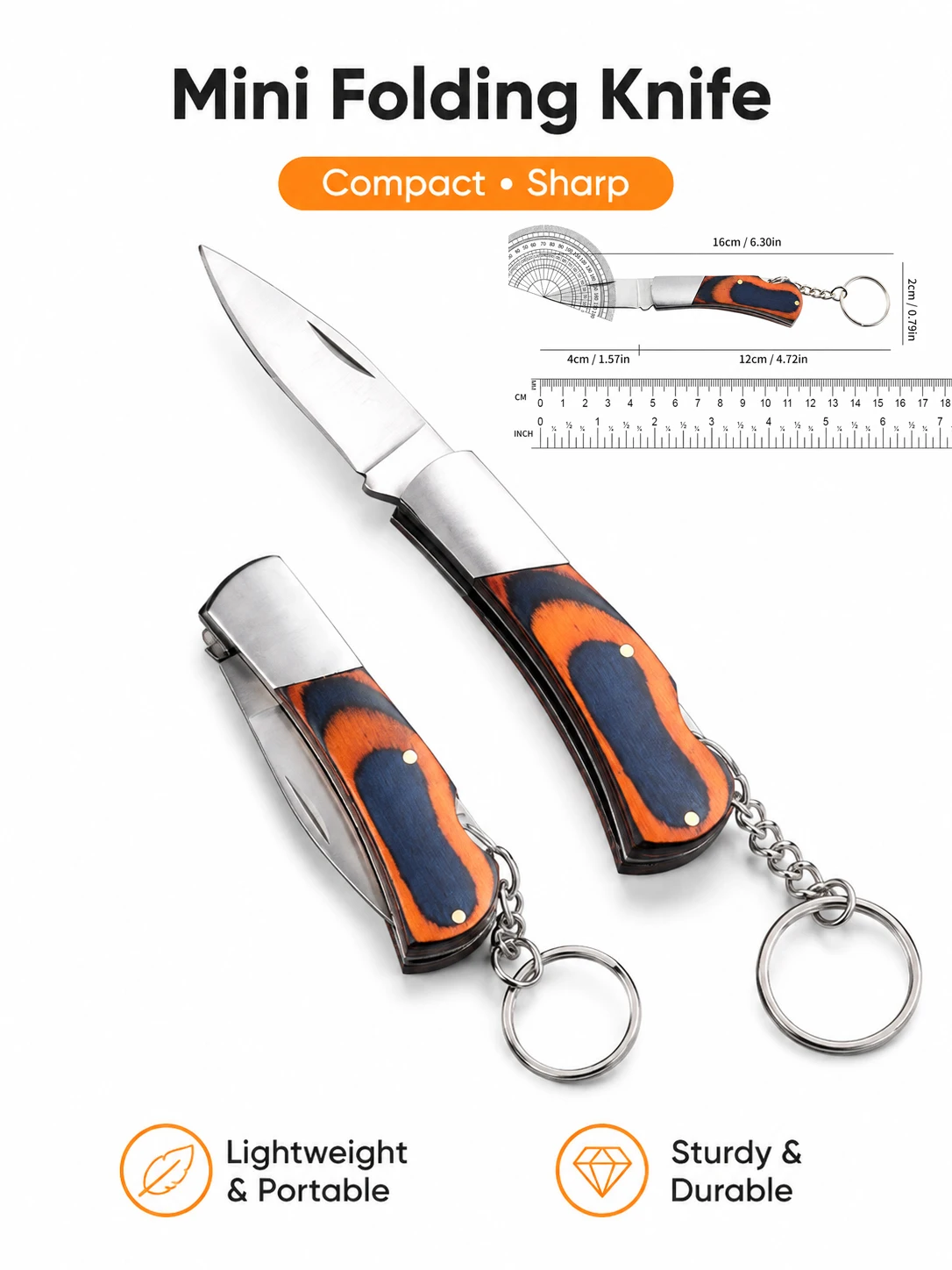 Mini Folding Knife Keychain, Stainless Steel Pocket Knife with Color Wood Handle, Compact EDC Tool for Camping, Travel & Daily