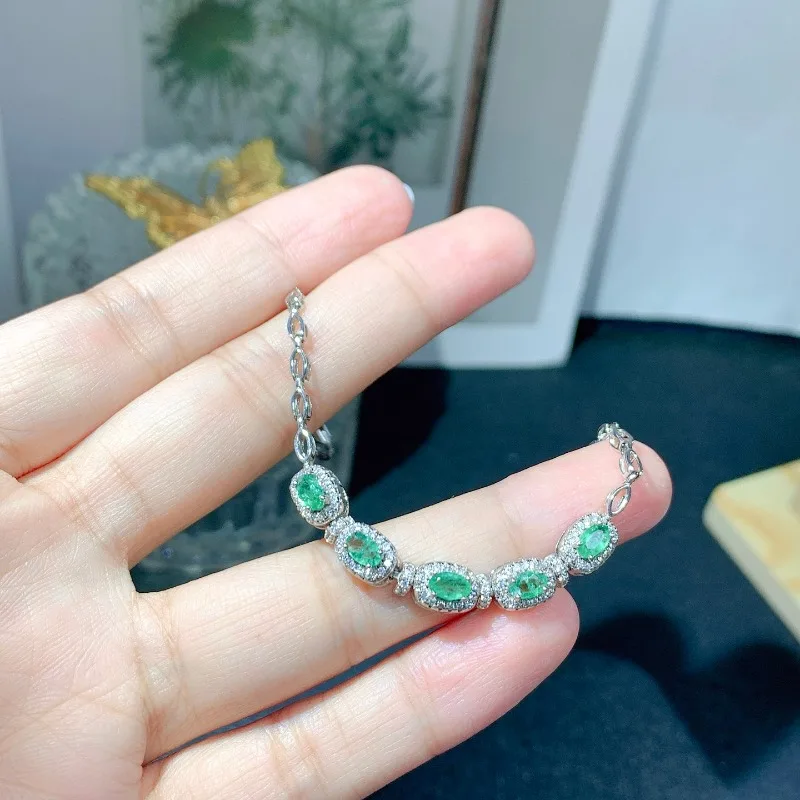 

3*5 Natural Emerald Flower Pattern Bracelet S925 Sterling Silver Fine Fashion Charm Weddings Jewelry for Women