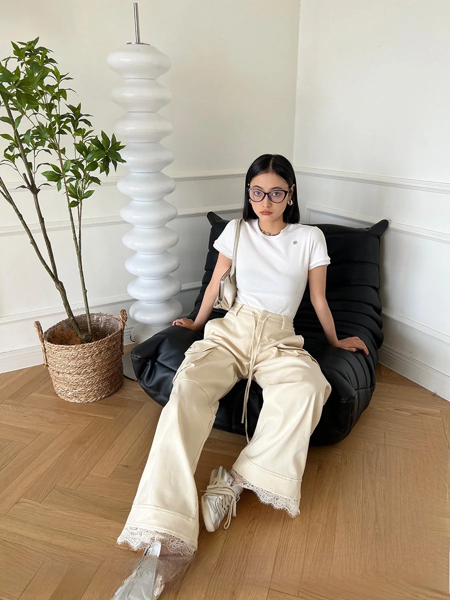 

5UHOOWU Brand Cotton Linen Lace Work Pants Spring Summer Sle DEARSOCUTE Handpied Store Casual Straight Leg Pants