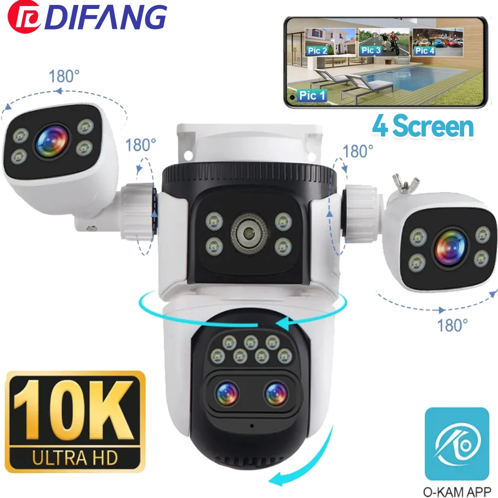 10K Four screen Home Surveillance Cameras 10X Optical Zoom WiFi Camera Outdoor Motion Detection 20MP External CCTV IP Camera