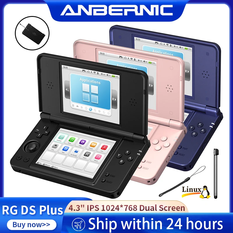 جهاز ألعاب محمول Anbernic RG DS Plus، بشاشة IPS مزدوجة مقاس 4.3 بوصة، يعمل بنظام Linux، ذاكرة تخزين 16 جيجابايت، بطارية 4000 مللي أمبير، جهاز DS Plus لتشغيل الألعاب المحمولة.