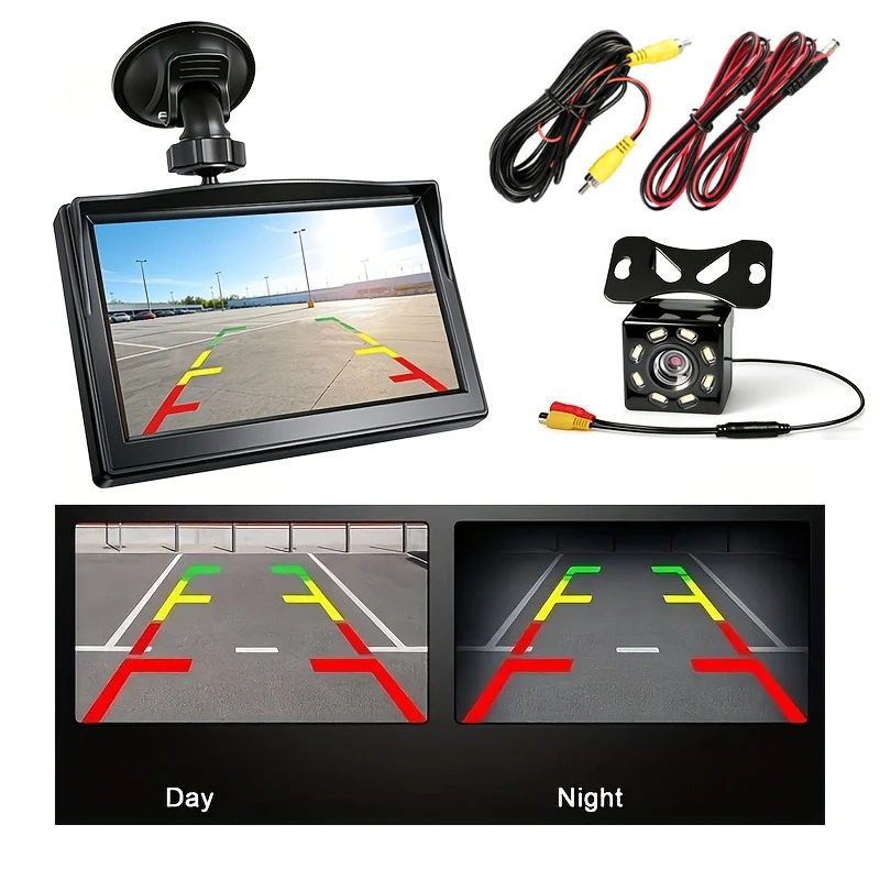 High-Definition 8-LED Rearview Camera+ 5-Inch In-Car Display Set, Reverse Priority Auto Switching,Universal for Cars/Sedans/SUVs
